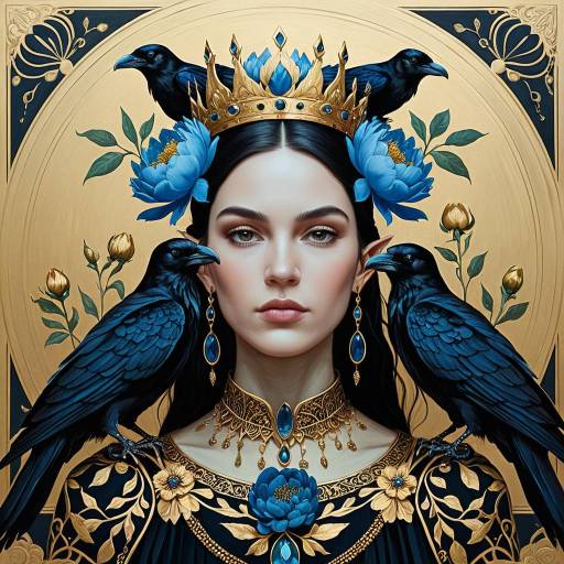 Elegant Elf Woman with Golden Crown and Ravens