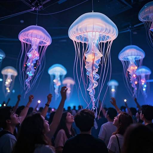 Photograph of a crowded indoor event with glowing, blue-purple jellyfish lights hanging above, people raising arms in excitement.