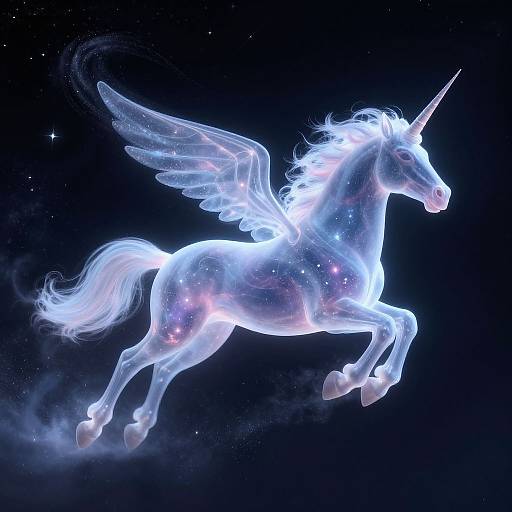 Digital artwork of a glowing, ethereal unicorn with transparent wings and a radiant blue-white aura, floating in a starry, cosmic night sky.