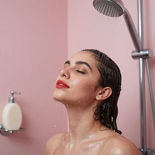 Woman Enjoying Shower with Pink Bathroom Background