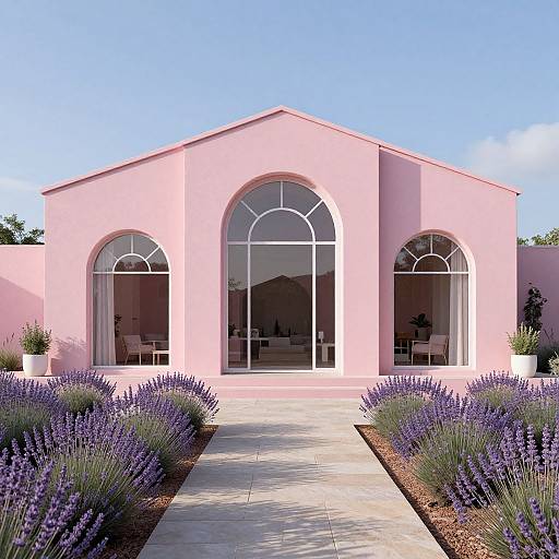 Photograph of a pink, arched-window building with lavender bushes flanking a stone pathway, under a clear blue sky.