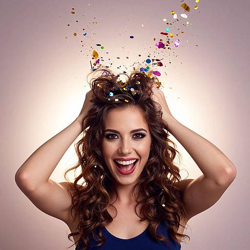 Photograph of a smiling, curly-haired woman with hands in her hair, colorful confetti splashing above her head, white background.