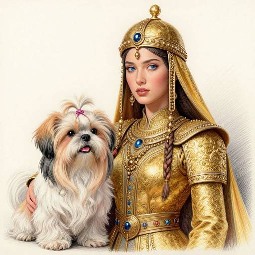 Digital artwork: Fair-skinned woman in ornate gold medieval armor with blue gemstones, brown braid, and crown, holding a fluffy white and
