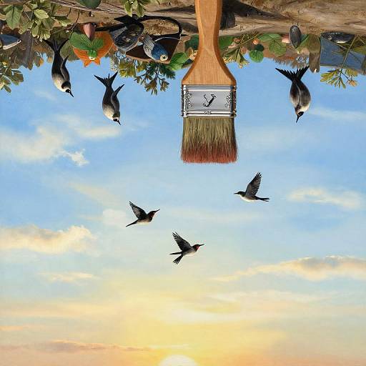 Paintbrush with clock handle hanging above a sky with birds flying, decorated with green leaves and small ornaments. Sunset glow.