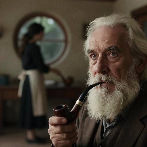 Elderly Man with Pipe in Rustic Setting