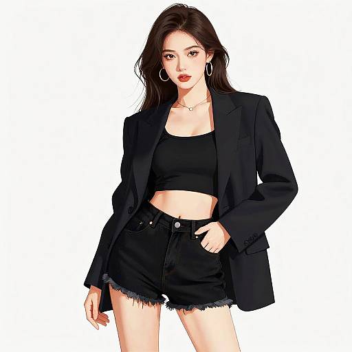 Digital illustration of a confident woman with long brown hair, wearing a black blazer, crop top, and high-waisted denim shorts, accessorized