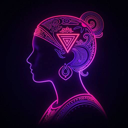 Neon-lit silhouette of a woman's profile, featuring intricate, glowing pink and purple patterns on her head and hair, with a prominent triangle design