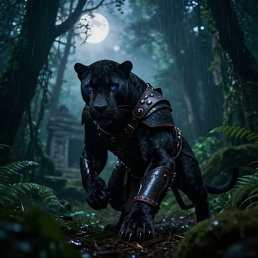 Digital art: Black panther with glowing blue eyes and metallic armor strides through a rain-soaked, moonlit forest, ferns and mist in the