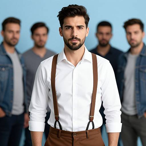 Photograph of a bearded, dark-haired man in a white shirt and brown suspenders, standing in front of four blurred, similarly dressed men against