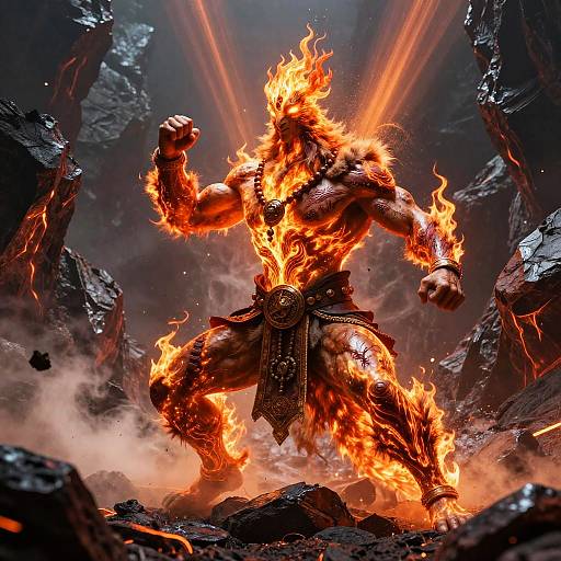 Digital artwork of a muscular, fiery, demonic warrior with glowing red-orange flames, flexing, wearing ornate dark armor, amidst rocky, smoky