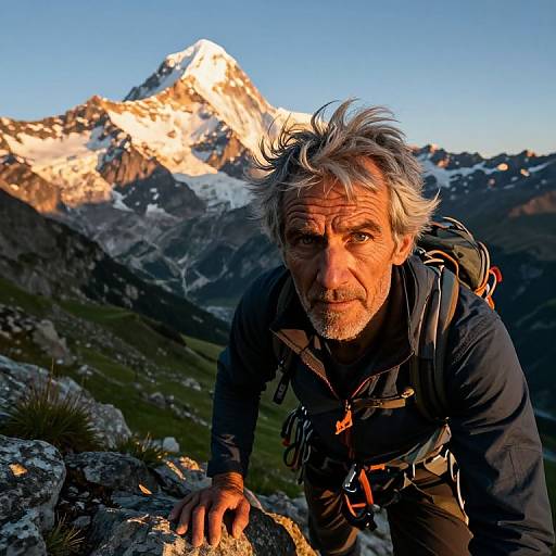 Photograph of a rugged, grey-haired man with a beard, wearing a black climbing jacket and backpack, crouching in front of a sunlit