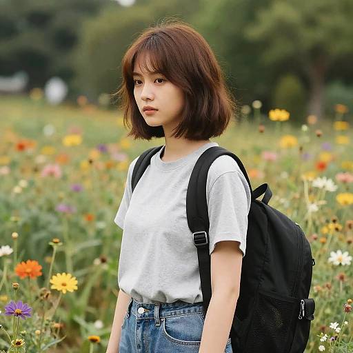 Asymmetrical Bob Girl in Flower Field
