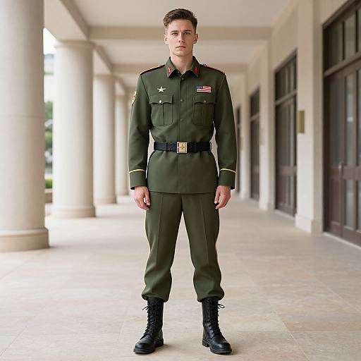 Photograph of a young, fair-skinned, brown-haired man in a green military uniform with a star, American flag patch, black belt, and