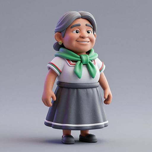 3D CGI of a smiling Asian schoolgirl with gray hair, green scarf, white sailor shirt, gray skirt, black shoes, standing against gray background