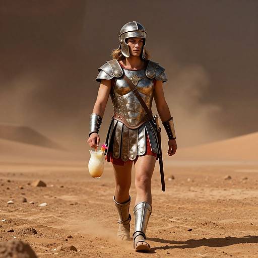Photograph of a muscular woman in ancient Roman-style silver armor, holding a yellow flask, walking through a dusty, sunlit desert.