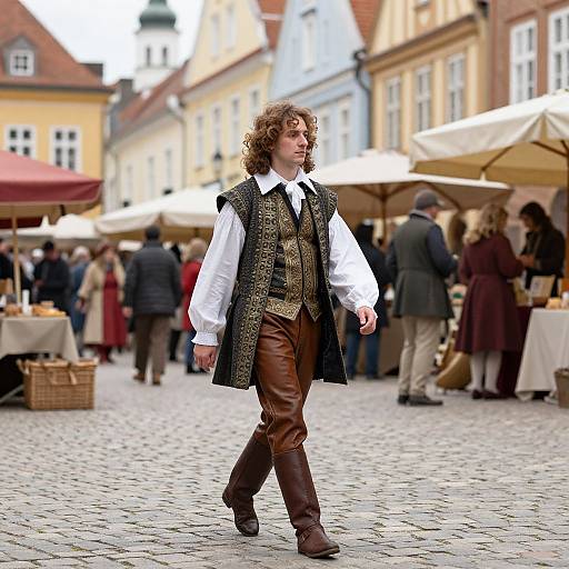 Photograph of a curly-haired man in Renaissance attire, white shirt, black vest, brown leather pants, walking through a bustling cobblestone market street