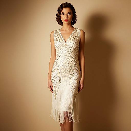 Photograph of a dark-haired woman in a sleeveless, white, fringe-detailed, V-neck dress, standing against a beige background.