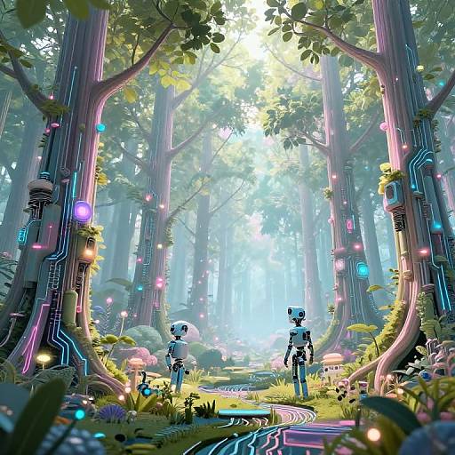 Digital art of a futuristic forest with glowing trees, neon lights, and two small, blue, humanoid figures standing on a winding path. Bright sunlight filters