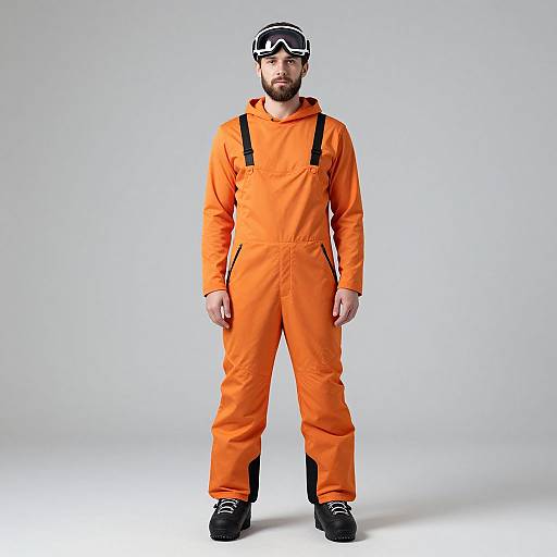 Photograph of a bearded man in an orange jumpsuit, black suspenders, and ski goggles, standing against a plain white background.