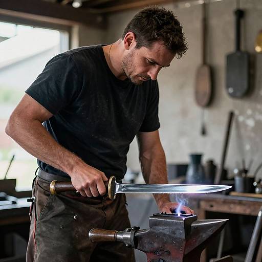 Photograph of a muscular, bearded man in a black t-shirt, hammering metal on an anvil in a dimly lit workshop.