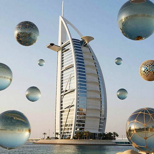 Photograph of the Burj Al Arab hotel in Dubai, with large reflective glass spheres floating around it against a clear blue sky.