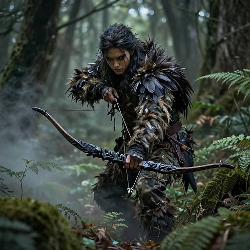 Photorealistic digital artwork of a fierce, dark-haired archer in fur attire, drawing a detailed bow in a misty, dense forest.