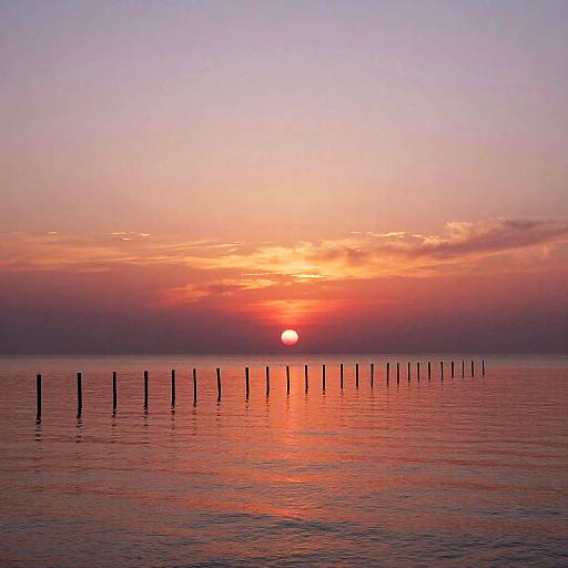 Photograph of a tranquil sunset over a calm lake, with a row of wooden posts in the water, reflecting vibrant orange and pink sky hues.