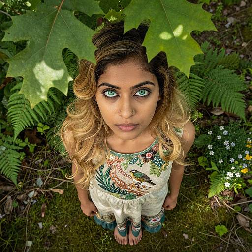 Photograph of a young woman with vibrant green eyes, blonde hair, and a white floral dress, standing in a lush forest, surrounded by large green
