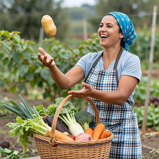 Photograph of smiling woman in blue headscarf and checkered apron, tossing potato from basket filled with vegetables in garden.