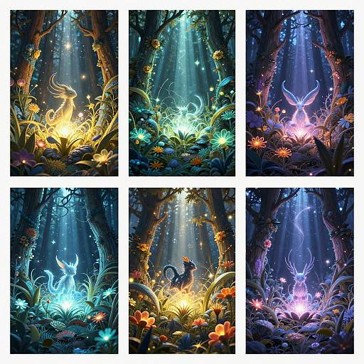 Digital fantasy artwork: Six vibrant forest scenes featuring glowing, ethereal creatures surrounded by colorful, luminescent plants, illuminated by enchanting blue, green