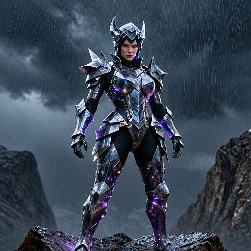 Digital artwork of a fierce female warrior in shiny, silver armor with purple accents, standing in a stormy, rocky landscape.