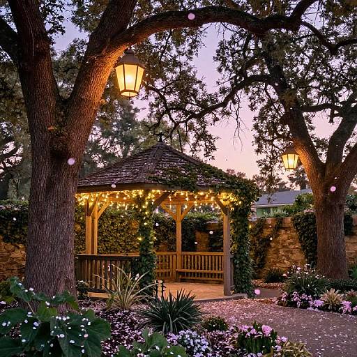 Photograph of a cozy wooden gazebo adorned with warm yellow string lights, nestled among tall trees, surrounded by blooming flowers and lush greenery at