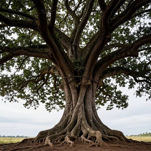Photograph of a massive, ancient tree with thick, intertwined trunks and sprawling branches, set against a bright white sky, with visible roots spreading across