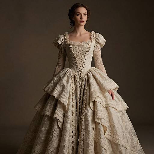 Photograph of a pale-skinned woman in an elaborate, cream-colored, 18th-century-style gown with lace detailing, standing against a dark background