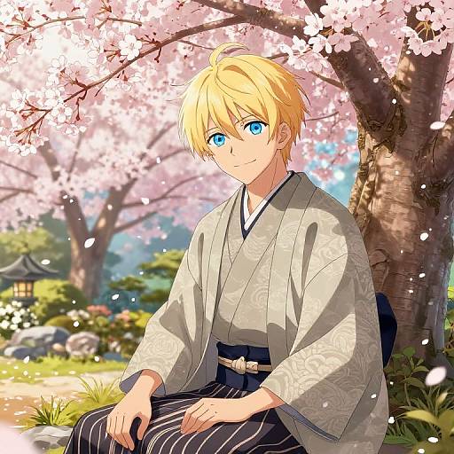Serene Blonde Anime Guy Under Blossoms