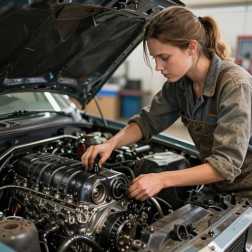 Photograph of a focused, young Caucasian woman with brown hair in a ponytail, wearing a dirty gray mechanic's jumpsuit, working on a car