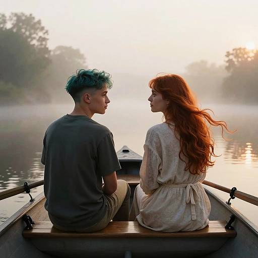 Couple on Rowboat in Misty Morning