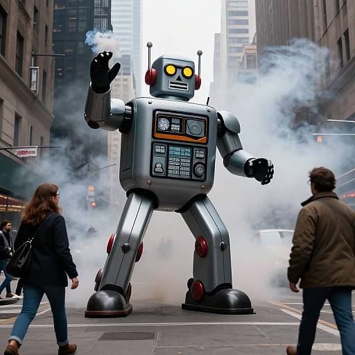 Photograph of a large, silver, retro-style robot with yellow eyes and smoke, standing in a city street amidst pedestrians. Urban background with tall buildings