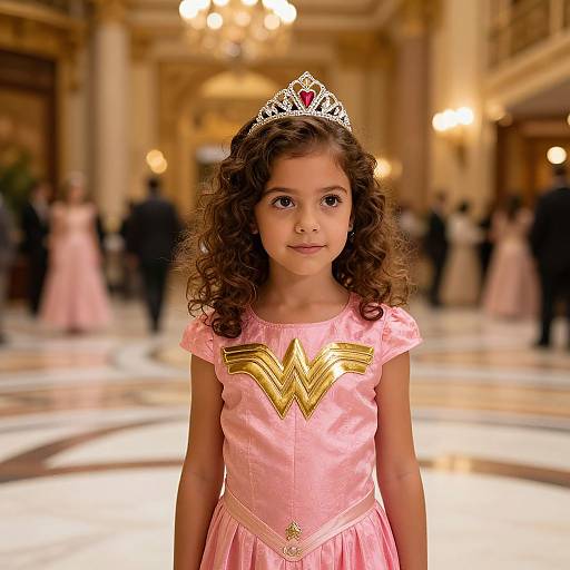 Photograph of a young girl with curly brown hair wearing a pink Wonder Woman dress and silver tiara, standing in a grand, ornate ballroom