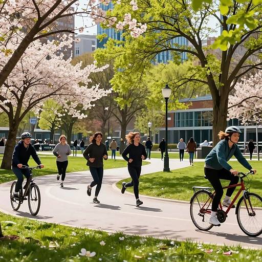 Photograph of a sunlit urban park with spring cherry blossoms. People jog and bike along a path, surrounded by trees and buildings. Bright green
