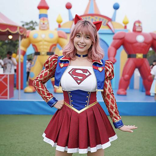Photograph of a smiling Asian woman in Super Girl cosplay with pink hair, red skirt, blue and red jacket, and cat ears, in front of