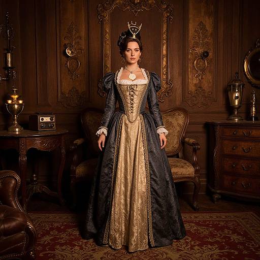 Photograph of a regal woman in a Victorian-style black and gold gown with intricate lace, standing in a dark, ornate wooden room with antique