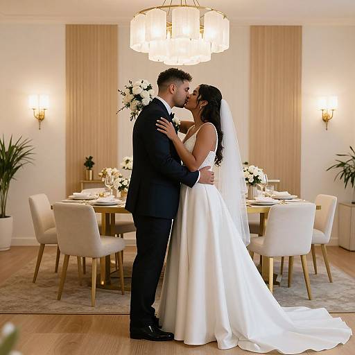 Photograph of a bride and groom kissing in an elegant, softly lit dining room with white chairs, floral centerpieces, and a large chandelier.