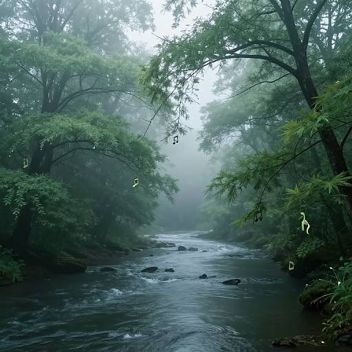 Photograph of a misty, lush forest stream, with green foliage, hanging vines, and gentle water flowing over rocks, surrounded by tall trees in