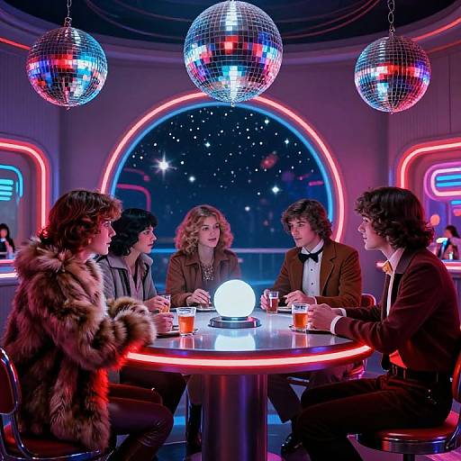 Photograph of four 1970s-style people in vintage attire, seated at a neon-lit bar with disco balls, engaging in conversation.