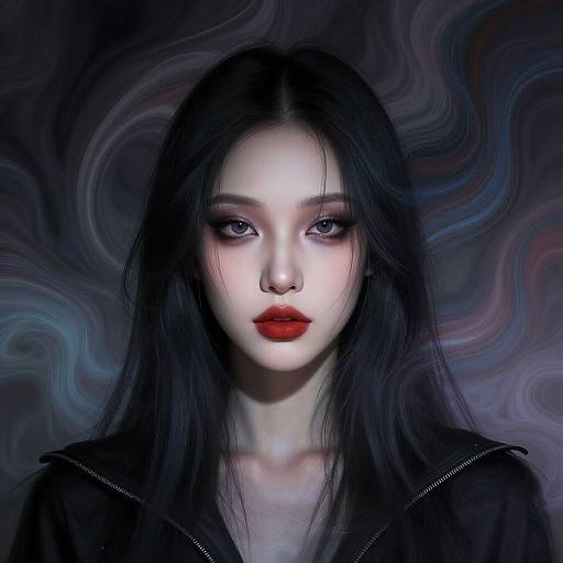 Digital portrait of a pale, East Asian woman with long black hair, red lips, and intense blue eyes against a swirling, dark, abstract background.