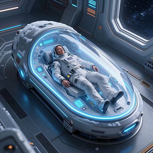 Digital art of a male astronaut in a white spacesuit, sleeping in a glowing blue futuristic pod on a spaceship, surrounded by starry space views through