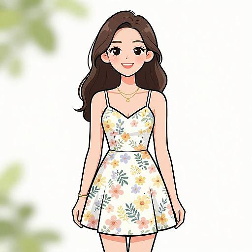 Digital anime-style drawing of a smiling young woman with long brown hair, wearing a white floral sundress with yellow and orange flowers, standing against a blurred