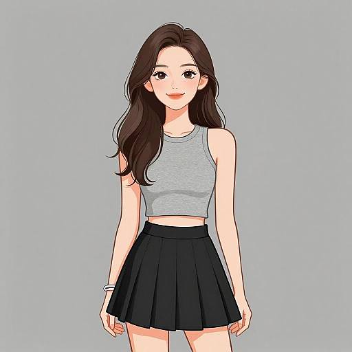 Digital anime-style drawing of a smiling young woman with long brown hair, wearing a gray crop top and black pleated skirt.