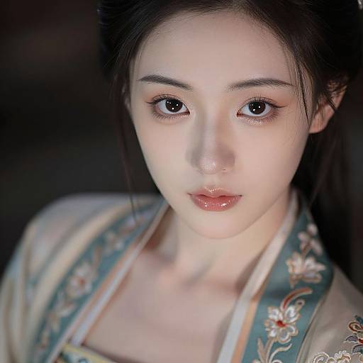 Close-up photograph of an East Asian woman with fair skin, black hair, and large, dark eyes, wearing a floral-patterned traditional outfit, illuminated